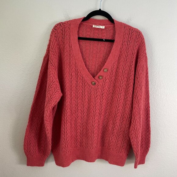 Marine Layer Womens XL Evelyn Pointelle Sweater in Mineral Red V Neck Knit - Picture 2 of 10